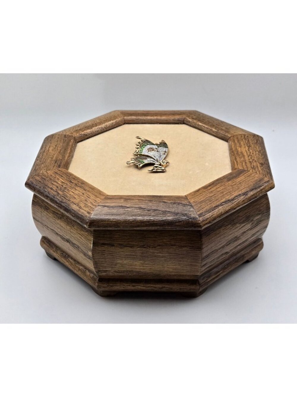 Oak Music Box Jewelry Box with Fairy on Lid, Clean Good Condition.  Plays Music